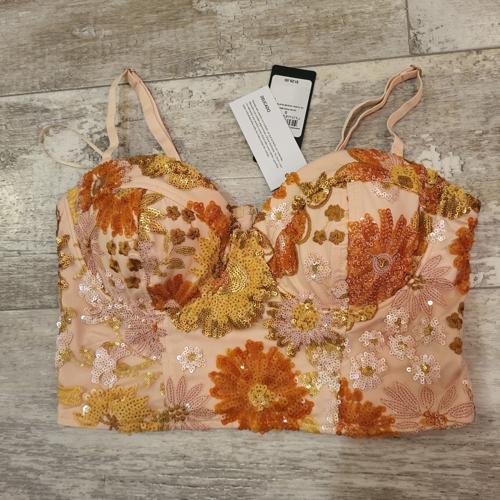 GUESS Women's Fia Floral Sequin Bustier Top